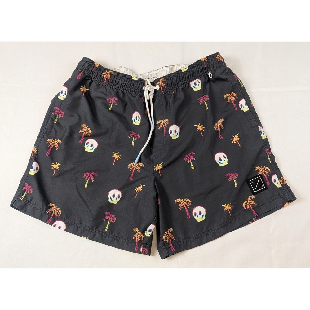 American Eagle Mens Swim Trunks Skull Palm Tree Graphic Print Board Shorts Black